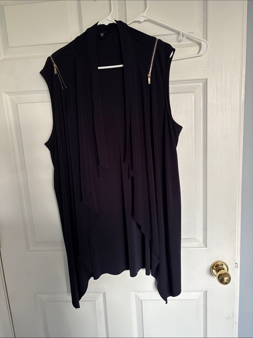 Sleeveless Draped Tunic with Gold Zip-Shoulder Accents - Black
